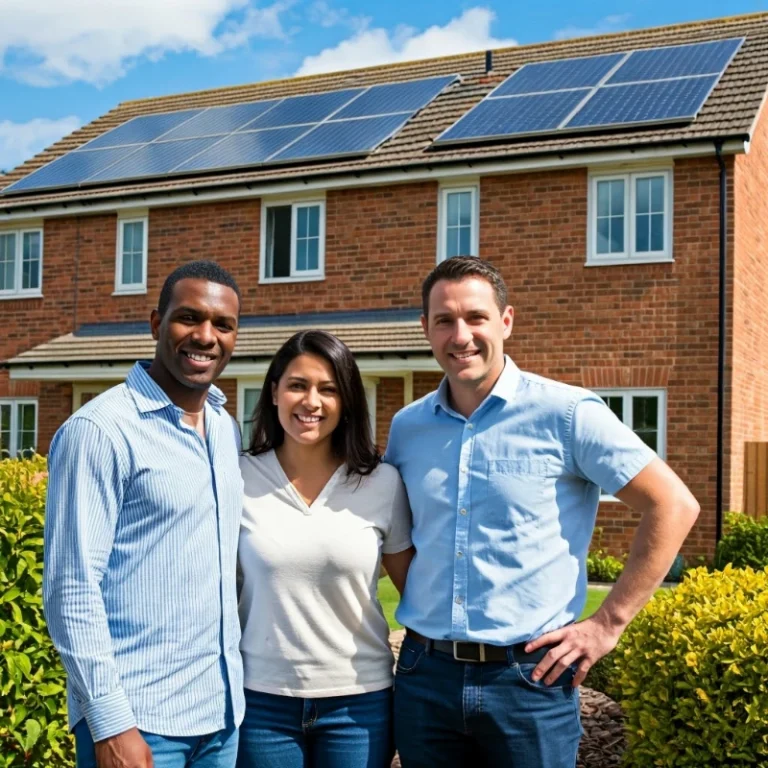 People standing outside house with newly-installed solar panels